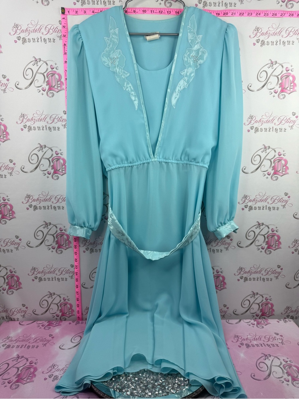 VINTAGE dress embroidered belted aqua flowy Light Blue Set